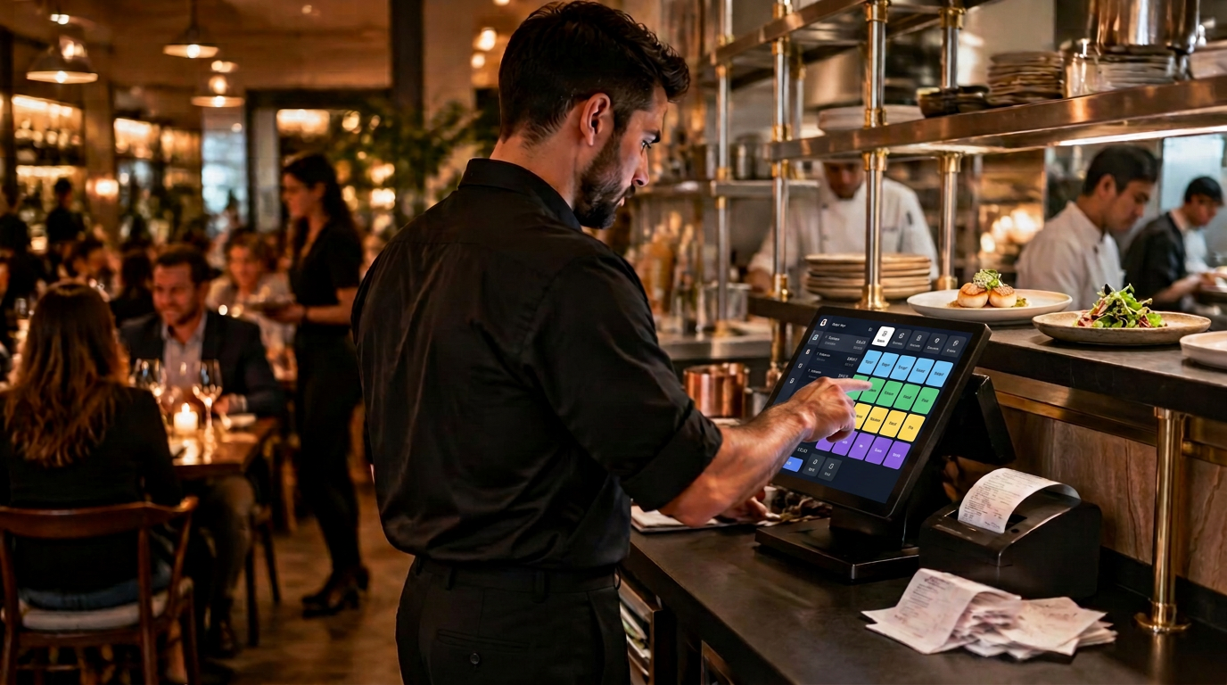 Waiter entering an order on a touchscreen POS terminal at the restaurant counter