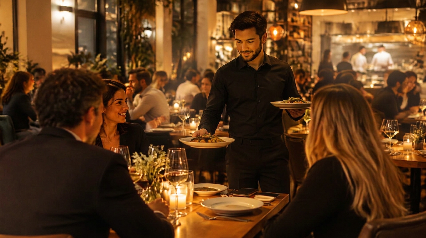 Waiter serving dishes to guests in a busy restaurant during evening service